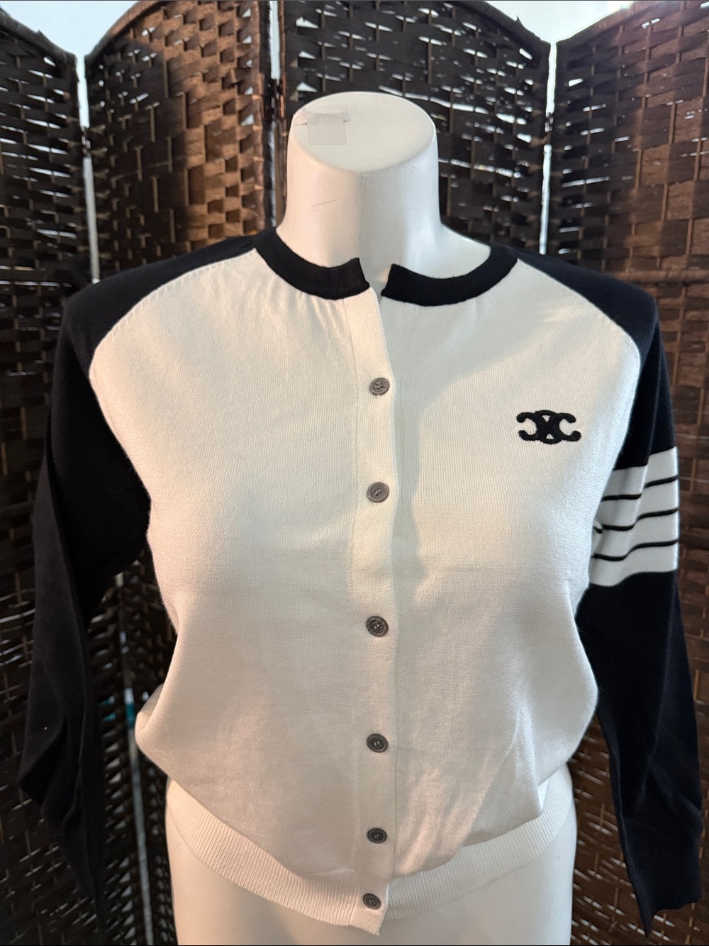 White and Black Women's Button Cardigan with Stripe Sleeve